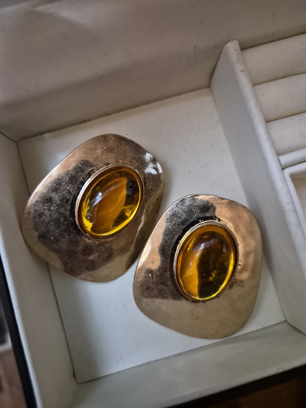 Gold-Tone Amber Cabochon Statement Clip-On Earrings